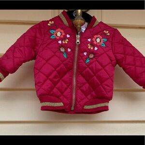 Little Lass dark pink/red quilted embroidered gold trim jacket, 3-6months